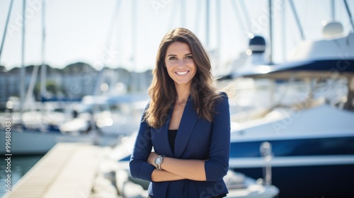 An elegant woman in formal attire stands confidently by a marina, surrounded by yachts, epitomizing a blend of grace, success, and a nautical lifestyle. photo