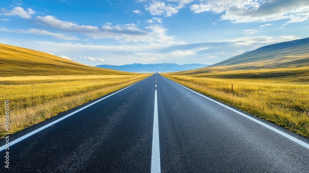 A solitary road disappearing into the distance with an open sky for text placement. A solitary road disappearing into the distance with an open sky for text placement.