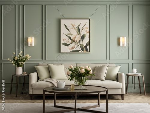 Living room interior in modern and classic styles with wooden panneling. Neutral and sage green colors interior with wooden wall panels.
