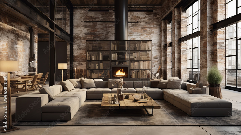 Modern industrial living room interior with cozy couch Modern industrial living room interior with cozy couch