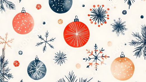 Seamless Christmas pattern with ornaments, snowflakes, and pine branches 