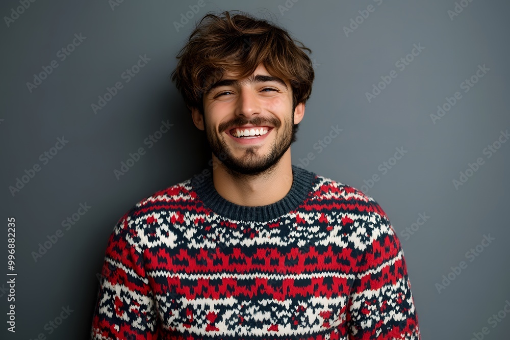 Fototapeta premium Smiling young man wearing a patterned winter sweater in front of a gray background 