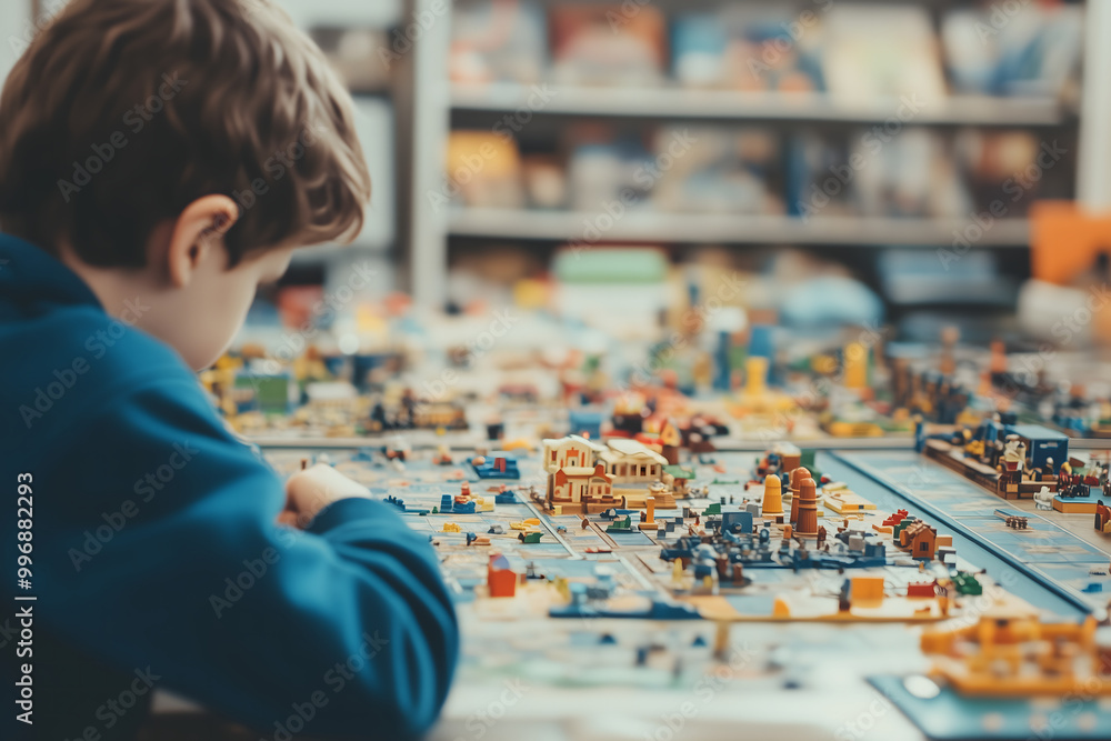 Fototapeta premium Child Playing with Miniature City Board Game