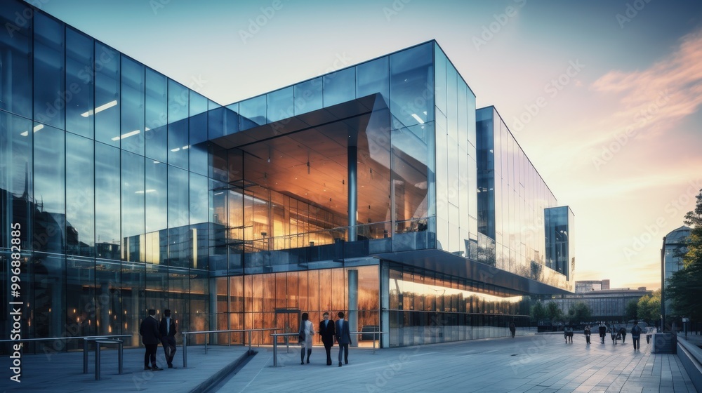 A modern glass building facade reflecting the soft hues of the evening sky, capturing a blend of urban architecture and twilight beauty. A modern glass building facade reflecting the soft hues of the evening sky, capturing a blend of urban architecture and twilight beauty.