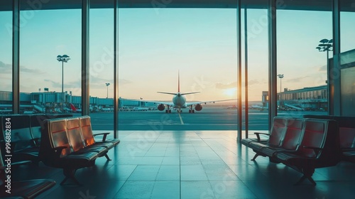 A view of multiple airplanes at an airport gate with a clean, spacious background for text.