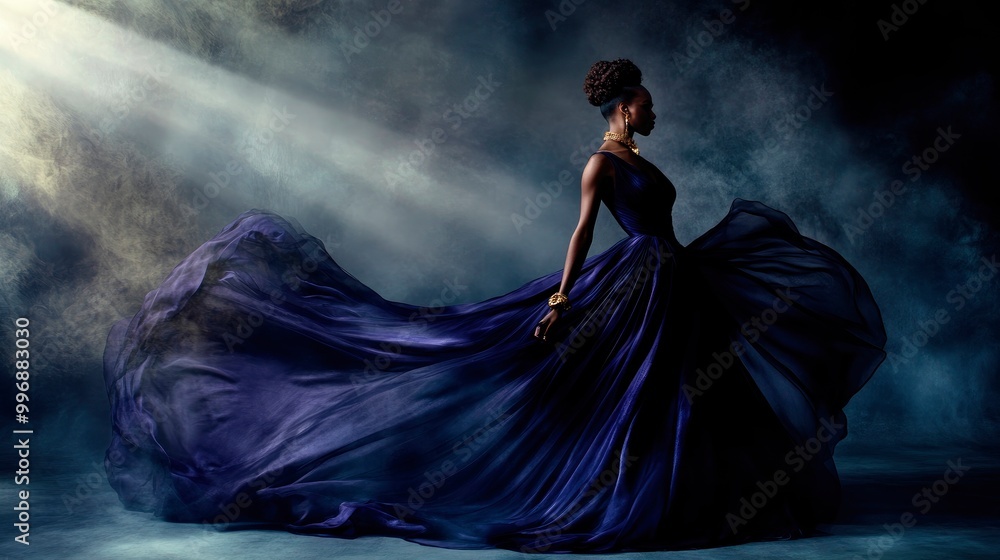 High-fashion photoshoot featuring a model in a flowing evening gown made of luxurious velvet in Purple Basil tones High-fashion photoshoot featuring a model in a flowing evening gown made of luxurious velvet in Purple Basil tones