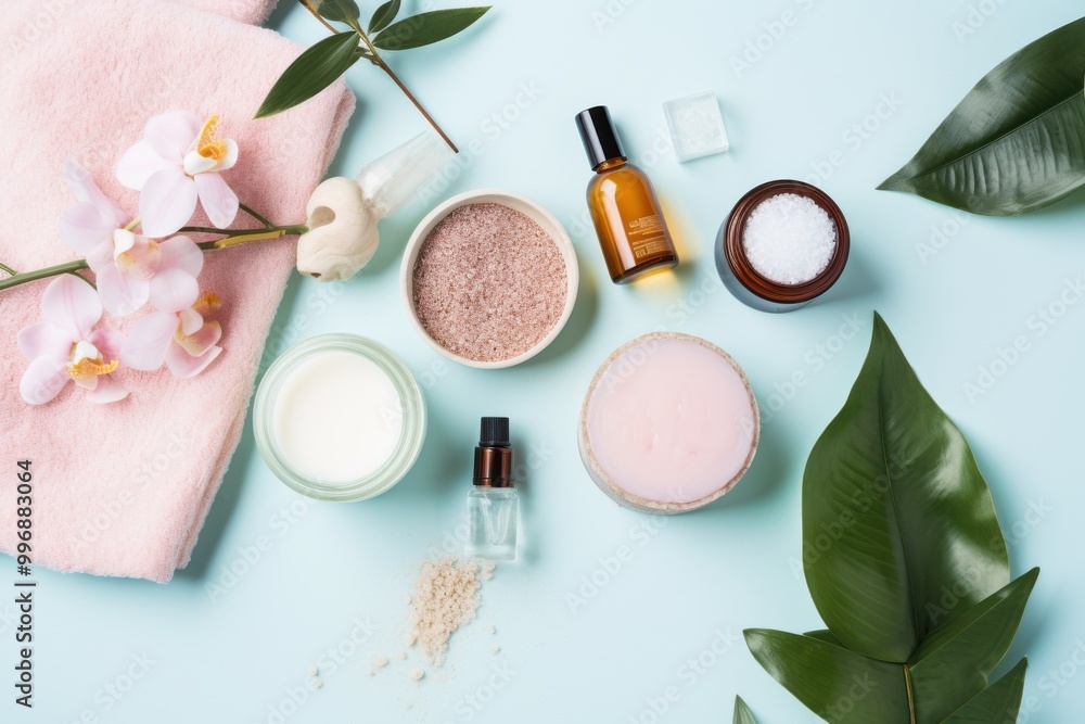 An arrangement of beauty and skincare products surrounded by tropical leaves, creating a serene spa-like setting. An arrangement of beauty and skincare products surrounded by tropical leaves, creating a serene spa-like setting.