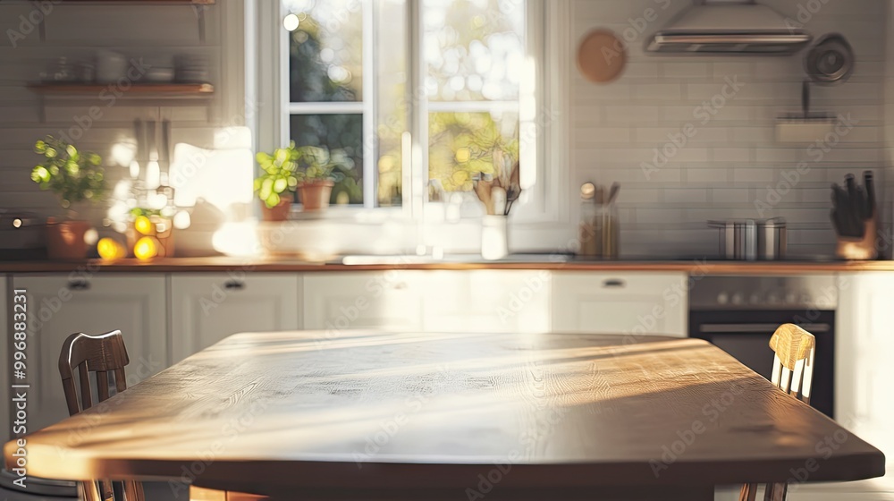A well-lit kitchen with a focus on an empty dining table for text or branding A well-lit kitchen with a focus on an empty dining table for text or branding