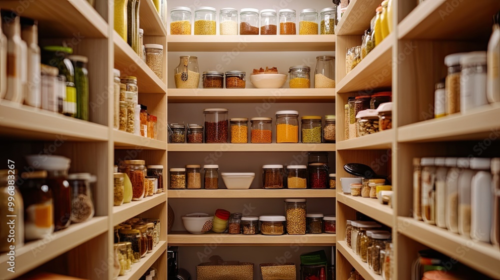 A well-organized pantry with shelves of ingredients, leaving space for text. A well-organized pantry with shelves of ingredients, leaving space for text.
