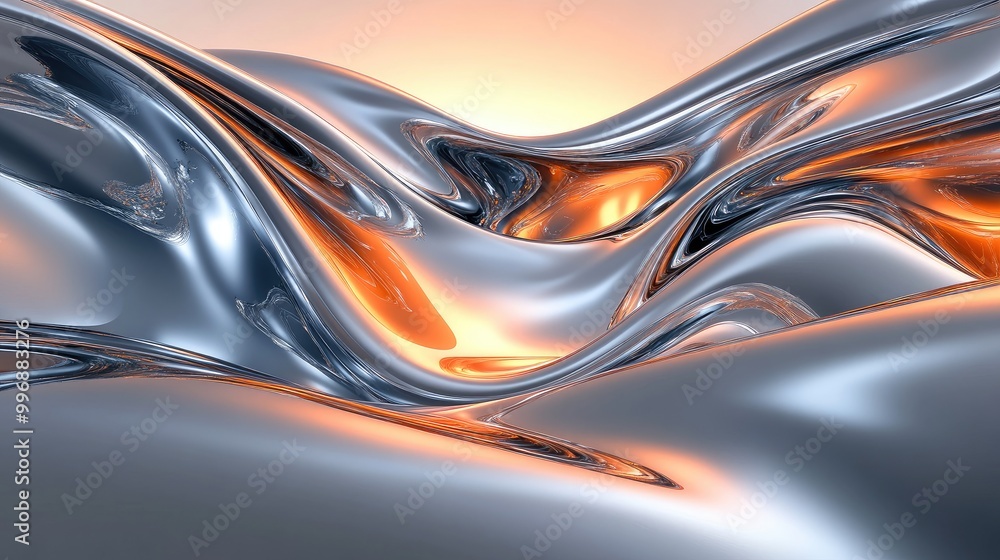 Obraz premium Futuristic abstract landscape with molten metal curves reflecting soft light, creating a surreal glowing atmosphere. No people, no logo.