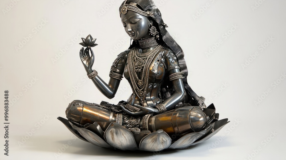 A Lakshmi sculpture designed from reclaimed car parts, with a lotus seat made from old engine parts and her figure sculpted from recycled sheet metal, blending tradition with modern sustainability A Lakshmi sculpture designed from reclaimed car parts, with a lotus seat made from old engine parts and her figure sculpted from recycled sheet metal, blending tradition with modern sustainability