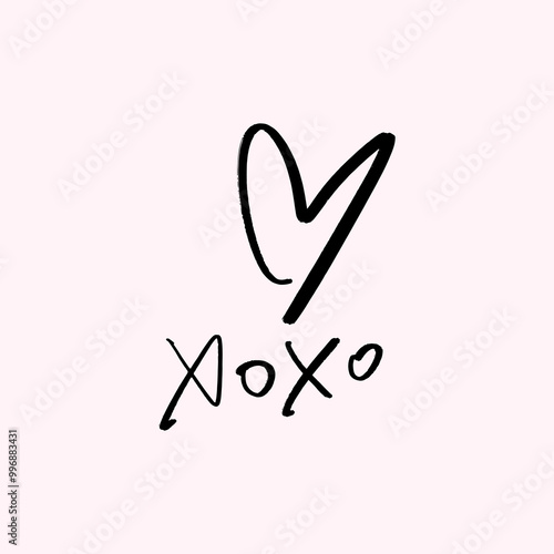 Hand-drawn black isolated heart and hugs and kisses lettering. Brush, ink. Decor element. Valentine's day card, pattern element and love symbol. Vector, clipart.