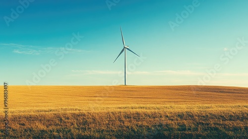 A wind turbine in a rural setting with a large field and open sky for adding text.