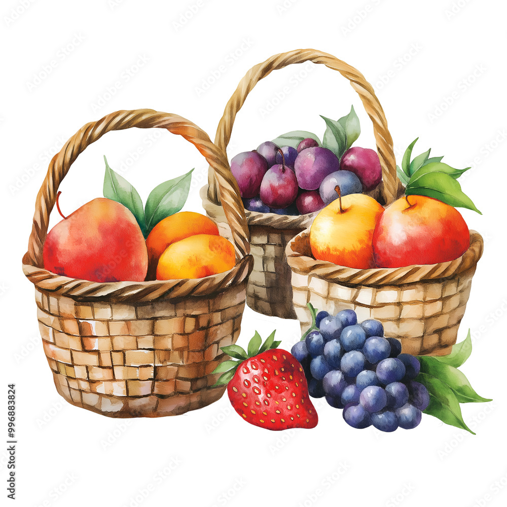 Fresh Fruit Baskets with Apples, Pears, and Berries – Realistic Watercolor Illustration for Healthy Lifestyle, Cutout, Isolated on Transparent PNG/White Background. Fresh Fruit Baskets with Apples, Pears, and Berries – Realistic Watercolor Illustration for Healthy Lifestyle, Cutout, Isolated on Transparent PNG/White Background.