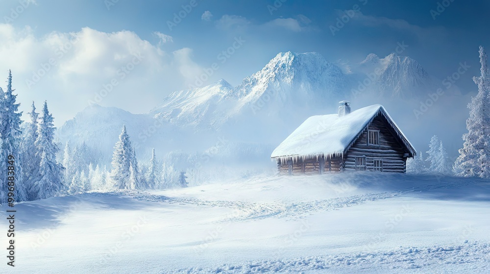 A winter cabin surrounded by snow and cold wind with a clear sky for text placement. A winter cabin surrounded by snow and cold wind with a clear sky for text placement.