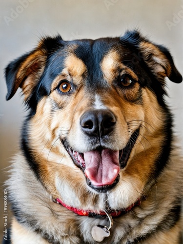 A close-up of a smiling dog with a friendly expression and a collar.