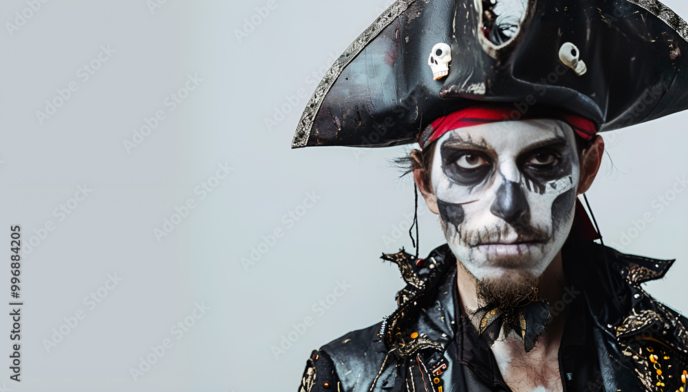 Man in scary pirate costume with skull makeup and decorative eyeball on light grey background. Halloween celebration Man in scary pirate costume with skull makeup and decorative eyeball on light grey background. Halloween celebration
