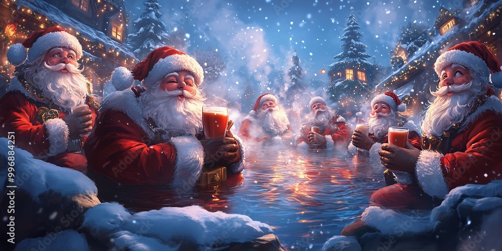 A group of cheerful Santa Clauses enjoys a winter retreat, relaxing in a cozy hot tub amidst a snow-covered Christmas village. A group of cheerful Santa Clauses enjoys a winter retreat, relaxing in a cozy hot tub amidst a snow-covered Christmas village.