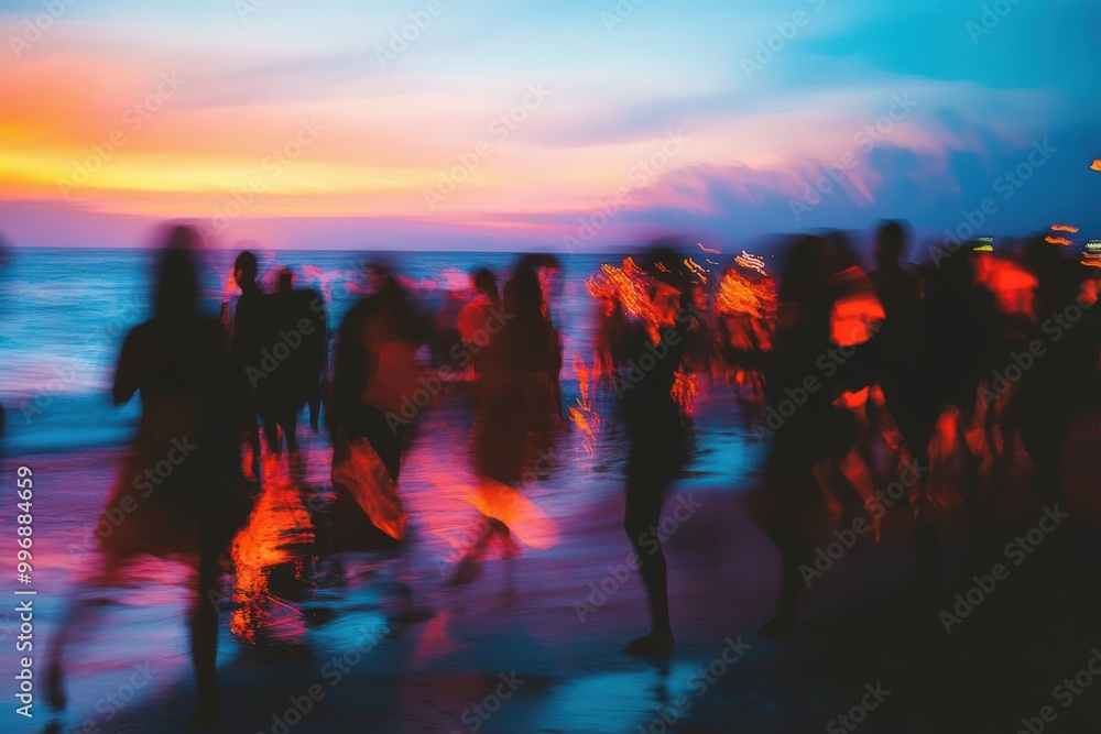 A blurry image of a group of people on a beach, generative ai image A blurry image of a group of people on a beach, generative ai image