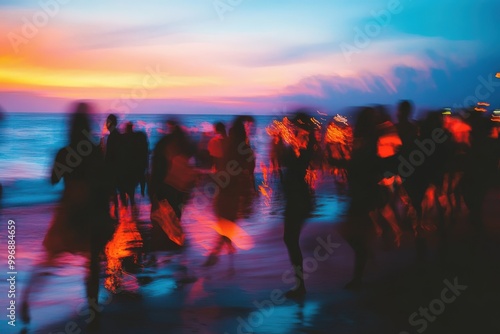 A blurry image of a group of people on a beach, generative ai image