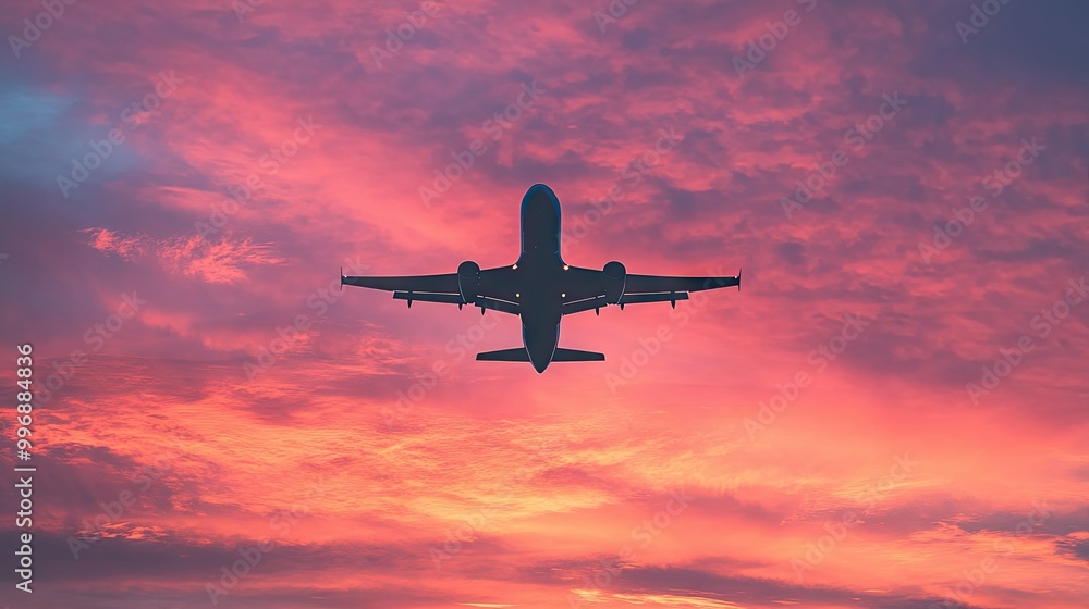 An airplane soaring through a sunset sky with ample room for copy in the foreground. An airplane soaring through a sunset sky with ample room for copy in the foreground.