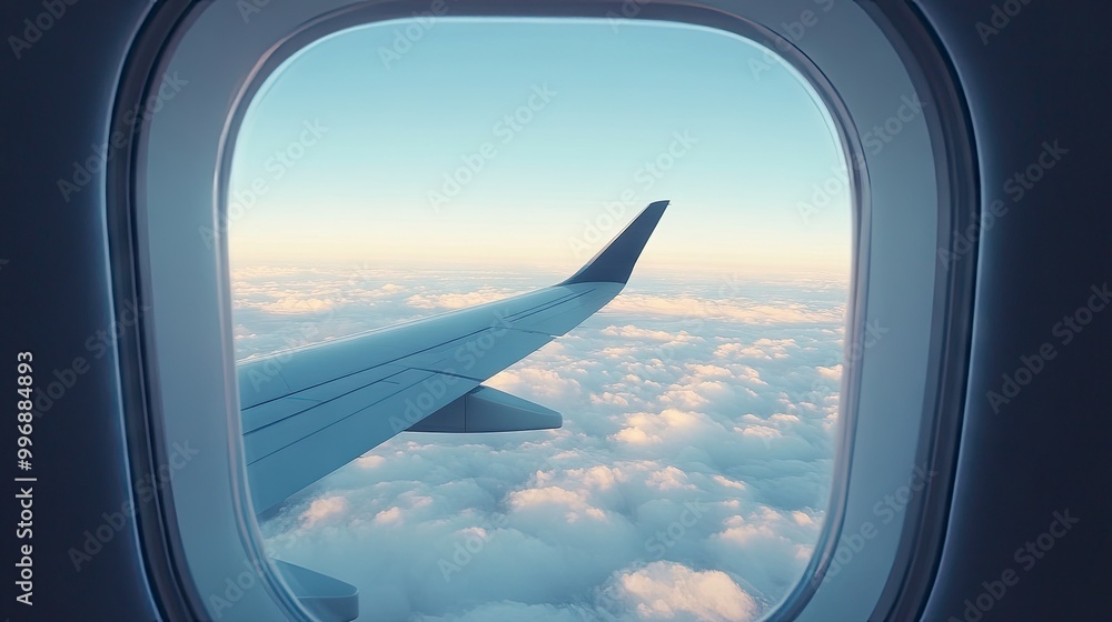 An airplane window view with a wing and sky, leaving space for text. An airplane window view with a wing and sky, leaving space for text.