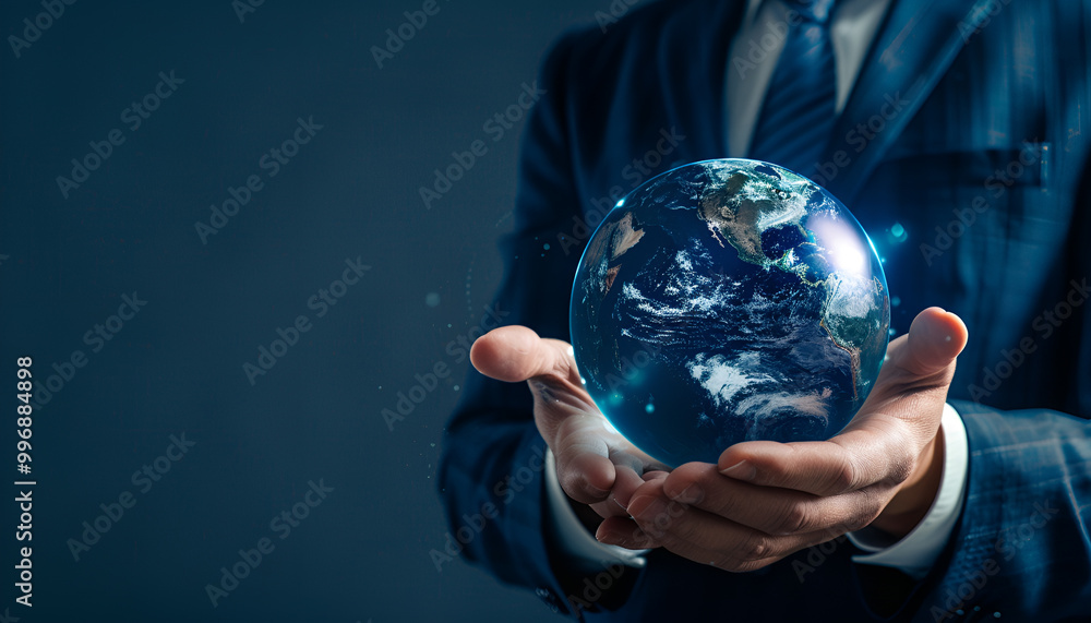 Global innovation. Businessman holding virtual planet on dark blue background, closeup Global innovation. Businessman holding virtual planet on dark blue background, closeup