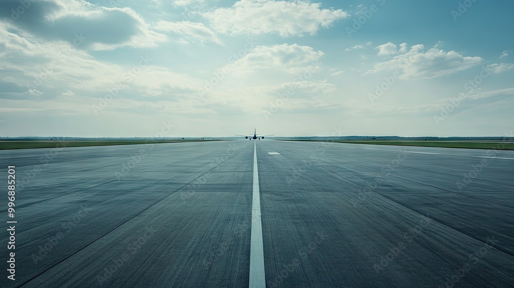Fototapeta premium An empty airport runway with an airplane in the distance and ample space for text.