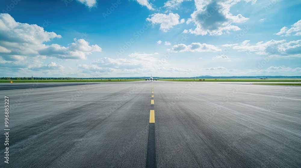 Fototapeta premium An empty airport runway with an airplane in the distance and ample space for text.
