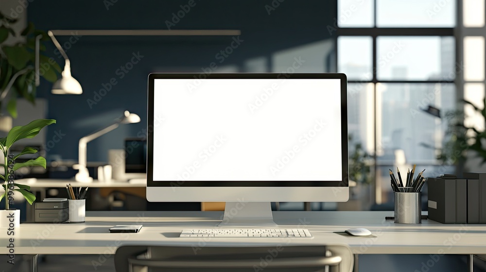 An empty office desk with a computer screen displaying a blank page, providing space for copy. An empty office desk with a computer screen displaying a blank page, providing space for copy.