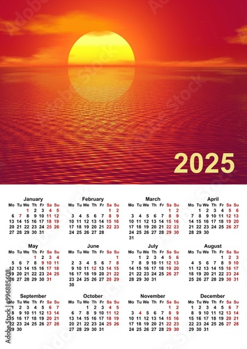 Calendar for 2025 printable 300 dpi with illustration, Europa Grid