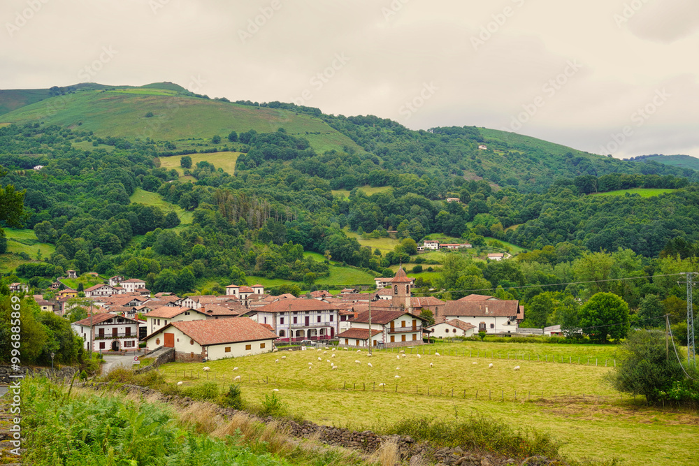 Obraz premium Erratzu. Navarre. Spain. This secluded and quiet place, surrounded by mountains, is located in the Baztan Valley near the border with France. It is the starting point to visit the Xorroxin waterfall
