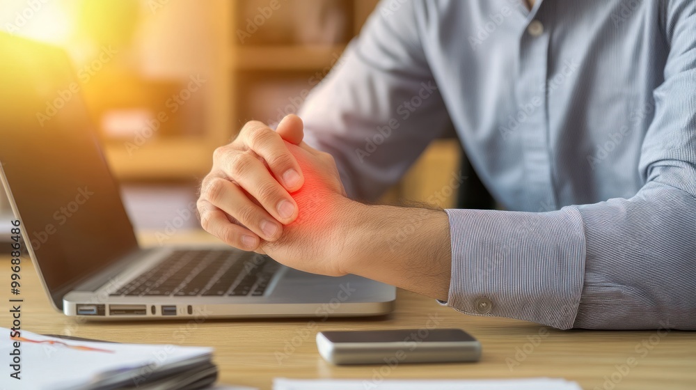 A man experiencing wrist pain while working on a laptop, highlighting the common issue of repetitive strain injuries.