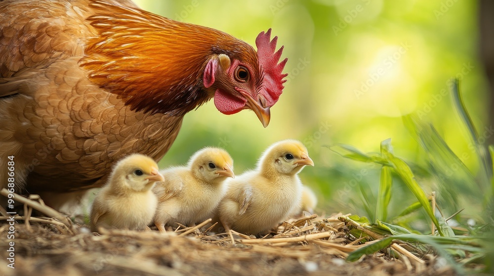 Fototapeta premium Close-up of a hen feeding her chicks, with straw and grass in the background offering space for text.