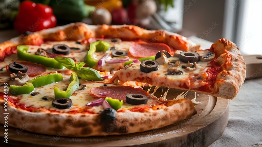 Deliciously Baked Pepperoni and Veggie Pizza Topped with Fresh Olives, Green Peppers, and Basil, Perfectly Presented on a Rustic Wooden Board, Ideal for Sharing with Family and Friends Deliciously Baked Pepperoni and Veggie Pizza Topped with Fresh Olives, Green Peppers, and Basil, Perfectly Presented on a Rustic Wooden Board, Ideal for Sharing with Family and Friends