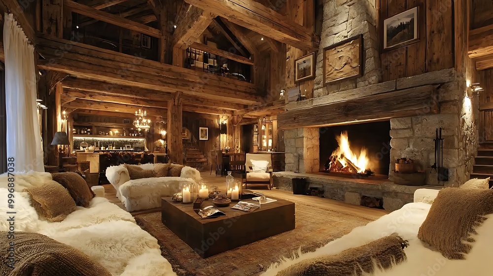 Fototapeta premium A rustic living room with a roaring fireplace and luxurious sheepskin throws provides ultimate comfort.