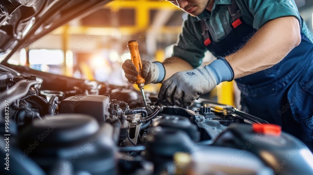 Mechanic Working on a Car Engine Mechanic Working on a Car Engine