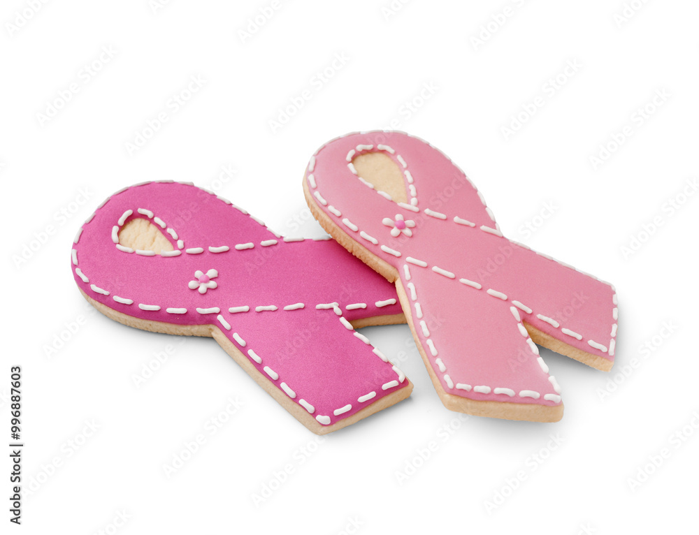 Cookies in shape of pink ribbon on white background. Breast cancer awareness concept Cookies in shape of pink ribbon on white background. Breast cancer awareness concept