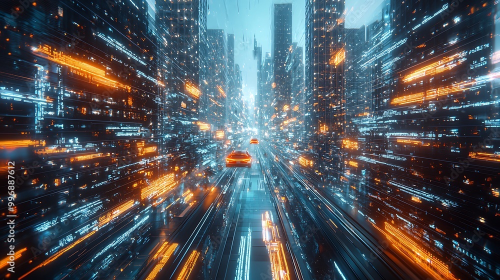Cars whiz through a futuristic city, neon lights reflecting off sleek streets. Cars whiz through a futuristic city, neon lights reflecting off sleek streets.