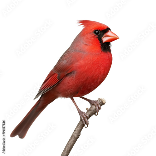Bright red cardinal bird perched on a branch, isolated on a transparent background