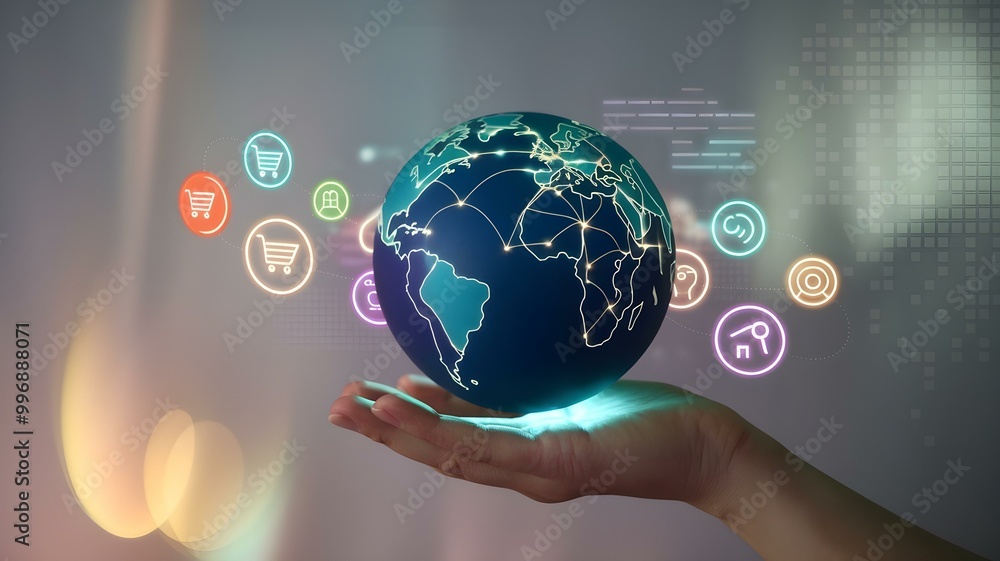 Digital Global Connectivity Represented by a Hand Holding a Glowing Earth, Surrounded by E-commerce Icons Symbolizing Online Shopping, Social Media, and Technology Integration Digital Global Connectivity Represented by a Hand Holding a Glowing Earth, Surrounded by E-commerce Icons Symbolizing Online Shopping, Social Media, and Technology Integration