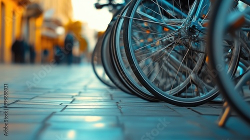 Close-up of shared bike wheels in a rack, with the blurred sidewalk as space for text.