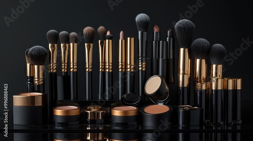 Elegant Makeup Set with Brushes, Powders, and Luxury Cosmetic Products Displayed on a Vanity photo