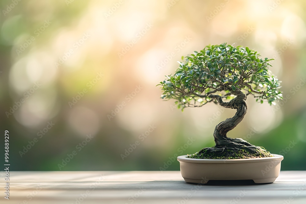 Small bonsai tree standing on a wooden surface Small bonsai tree standing on a wooden surface