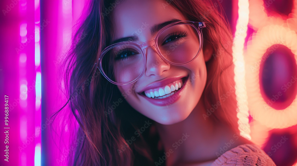 A young woman smiles brightly in front of colorful neon lights during a vibrant urban nighttime scene A young woman smiles brightly in front of colorful neon lights during a vibrant urban nighttime scene