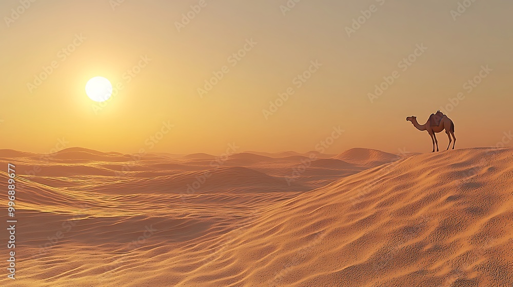 A camel stands against the backdrop of a desert sunset, its silhouette framed by the golden horizon. A camel stands against the backdrop of a desert sunset, its silhouette framed by the golden horizon.