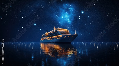 Cruise ship sailing at night, illuminated by lights with a starry sky above for copy space.