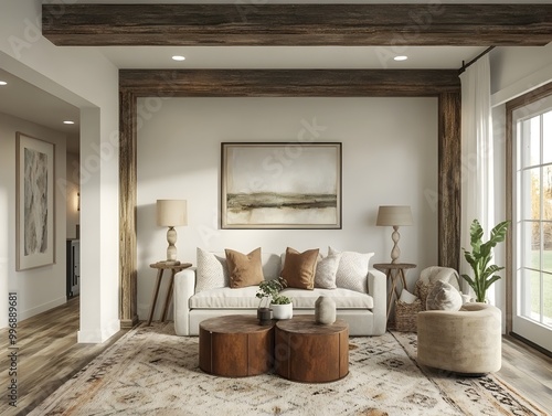 Warm and inviting modern farmhouse style living room with distressed wood beams area rug and rustic decor accents offering a cozy and relaxed vibe with touches of industrial and vintage charm