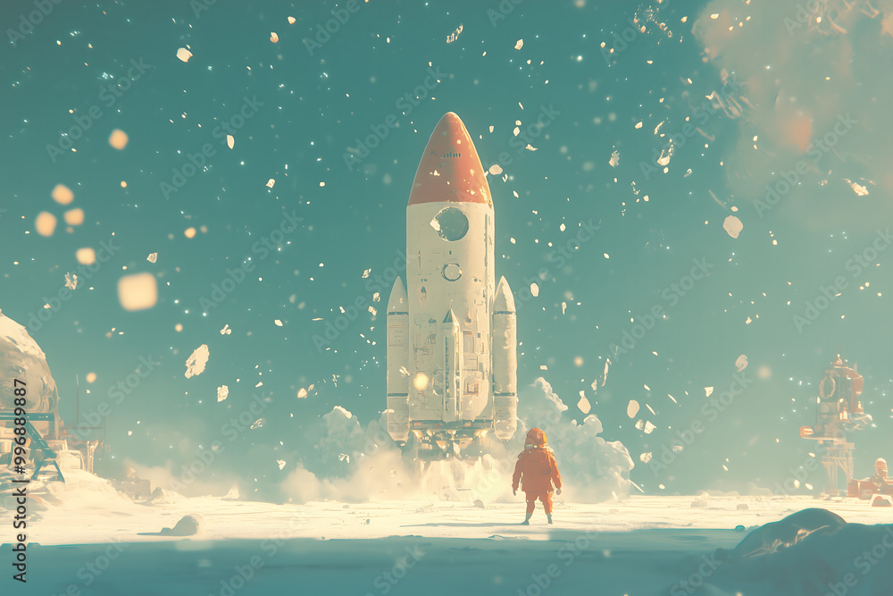 Obraz premium Astronaut on Alien Planet Watching Rocket Launch