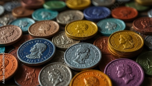 Collection of colorful coins on a surface.